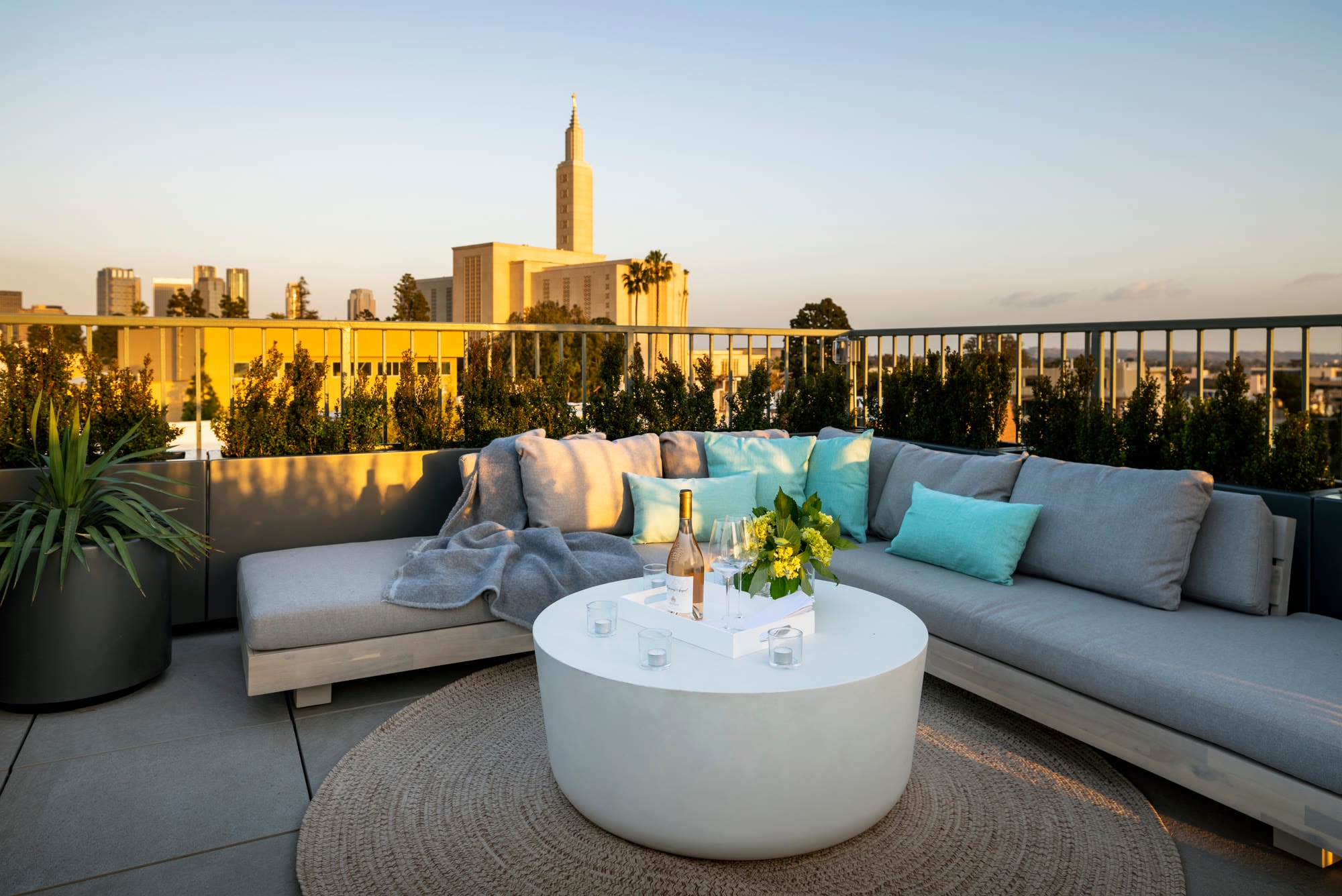 Landscaped outdoor terrace with greenery at Lumiere at Malcolm in Westwood